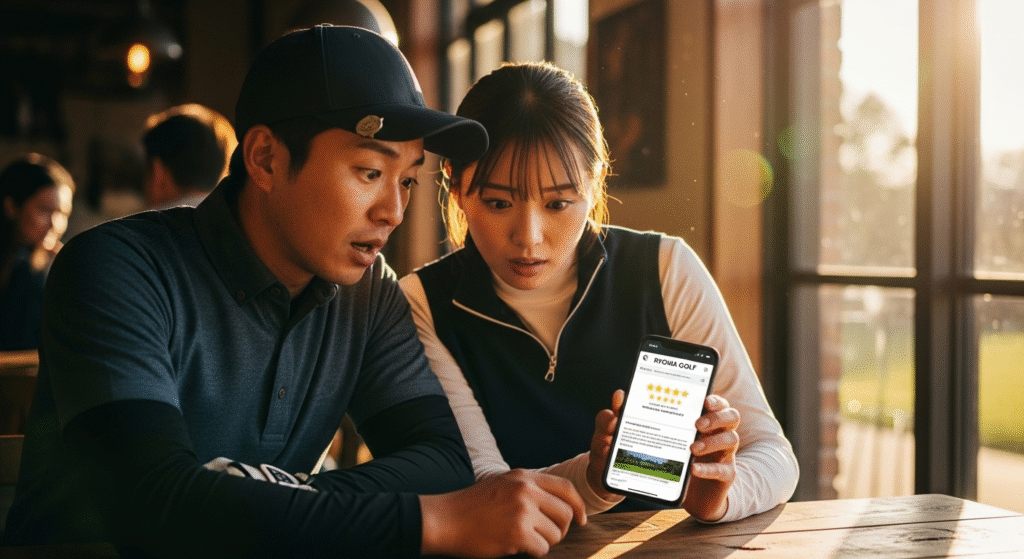 驚いた表情の男女二人が、ゴルフ場の情報が表示されたスマートフォンを覗き込んでいる。