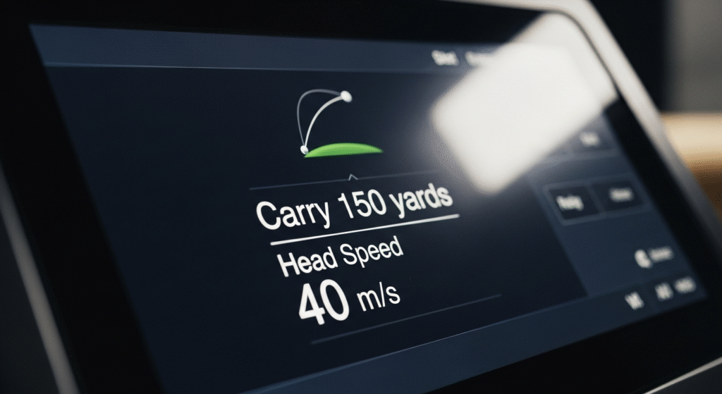 ゴルフシミュレーターの画面に「Carry 150 yards」と「Head Speed 40 m/s」の測定値が表示され、ゴルフボールの弾道を示すグラフィックが描かれています。