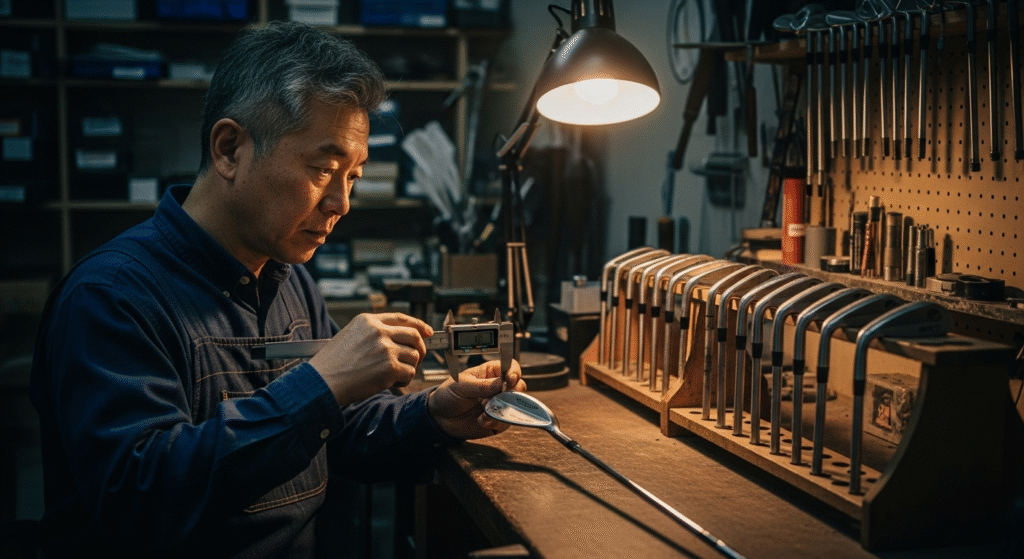 作業台で、男性がデジタルノギスを使ってゴルフクラブのヘッドを測定している様子。