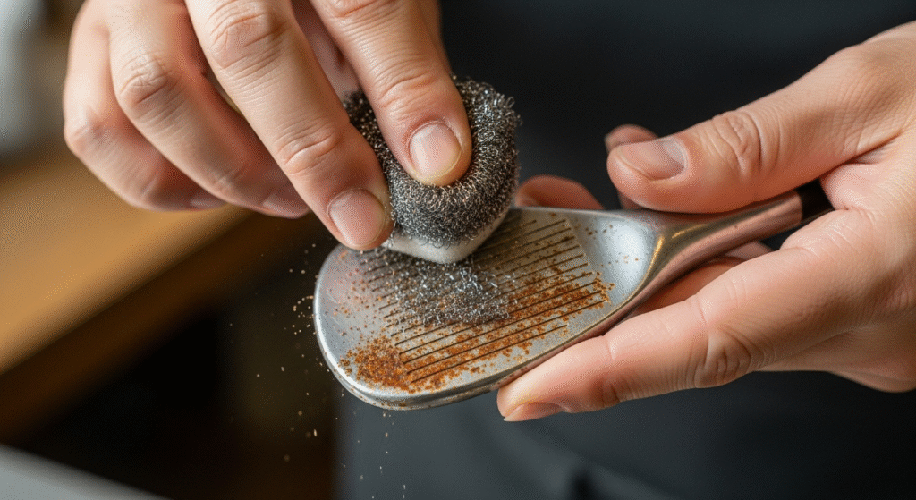 手が、錆びついたゴルフクラブのフェースを金属たわしで磨いている様子。