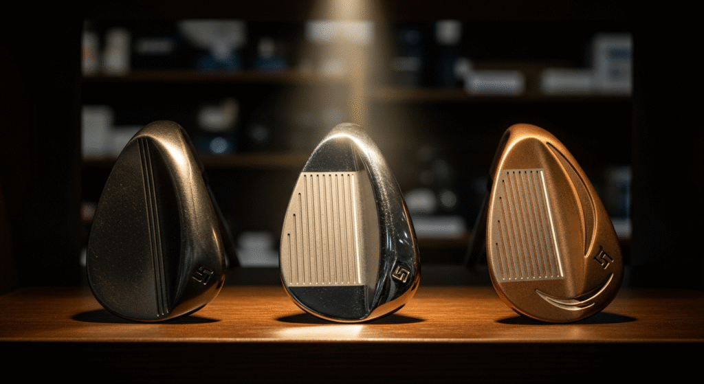 木製の棚に、左からガンメタル、シルバー、ブロンズのゴルフウェッジが3つ並んでいます。