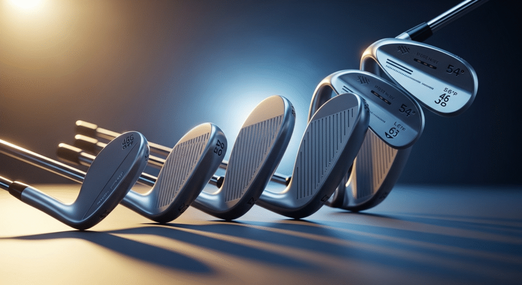 光沢のある表面に並べられた複数のゴルフウェッジが、長い影を落とす商品ディスプレイ。
