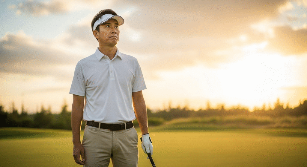ゴルフウェアを着てゴルフクラブを持った男性が、夕焼けに染まるゴルフコースで空を見上げています。