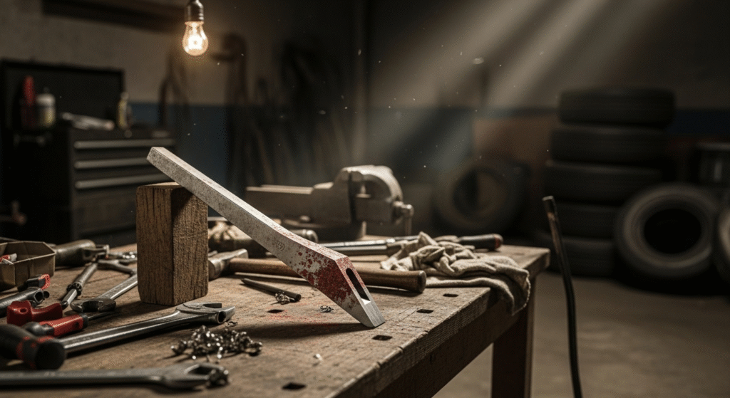 埃が舞い、光が差し込む作業場の作業台には、様々な工具や立てかけられたバールがあり、奥にはタイヤが積まれている。