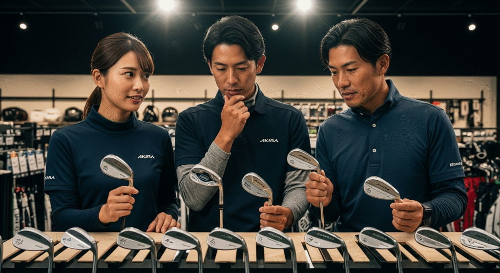 ゴルフショップで、3人の人々が様々な種類のゴルフクラブ(ウェッジ)を比較検討している様子。