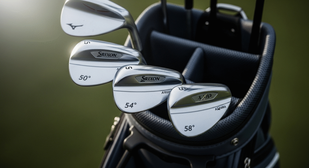 濃い色のゴルフバッグに、ミズノ、スリクソン、ゼクシオなどのブランドのウェッジクラブが4本、ロフト角50度、54度、58度と表示されて収められている。