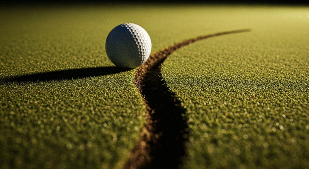 緑の芝生の上に置かれたゴルフボールと、その隣を曲線状に走る土のラインを捉えたクローズアップ画像。