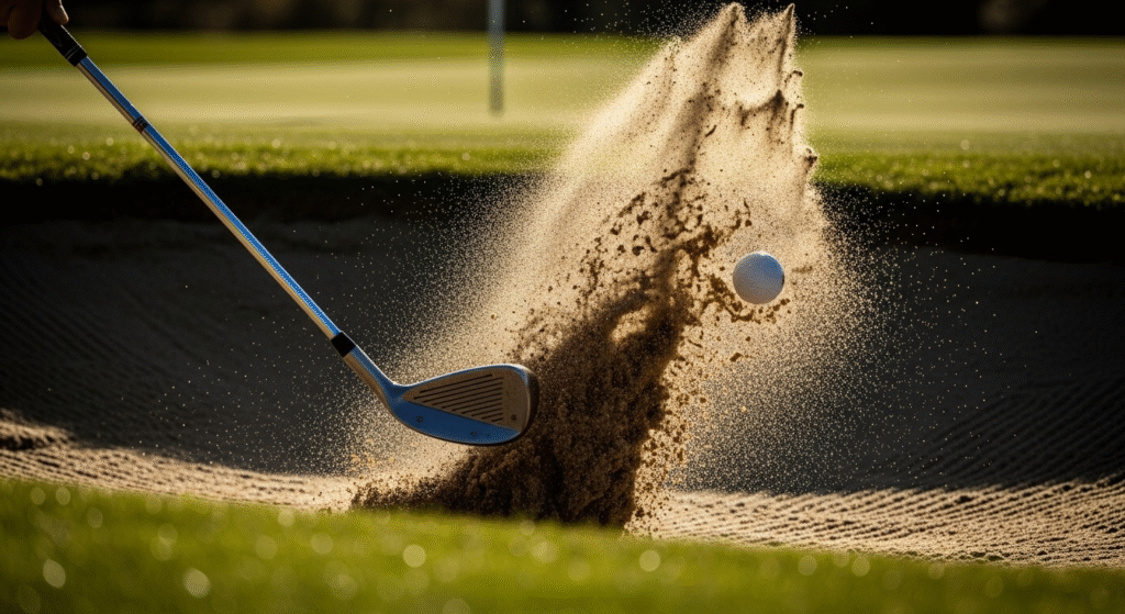 ゴルフ場のバンカーで、ゴルフクラブが砂を巻き上げながらゴルフボールを打つ瞬間。