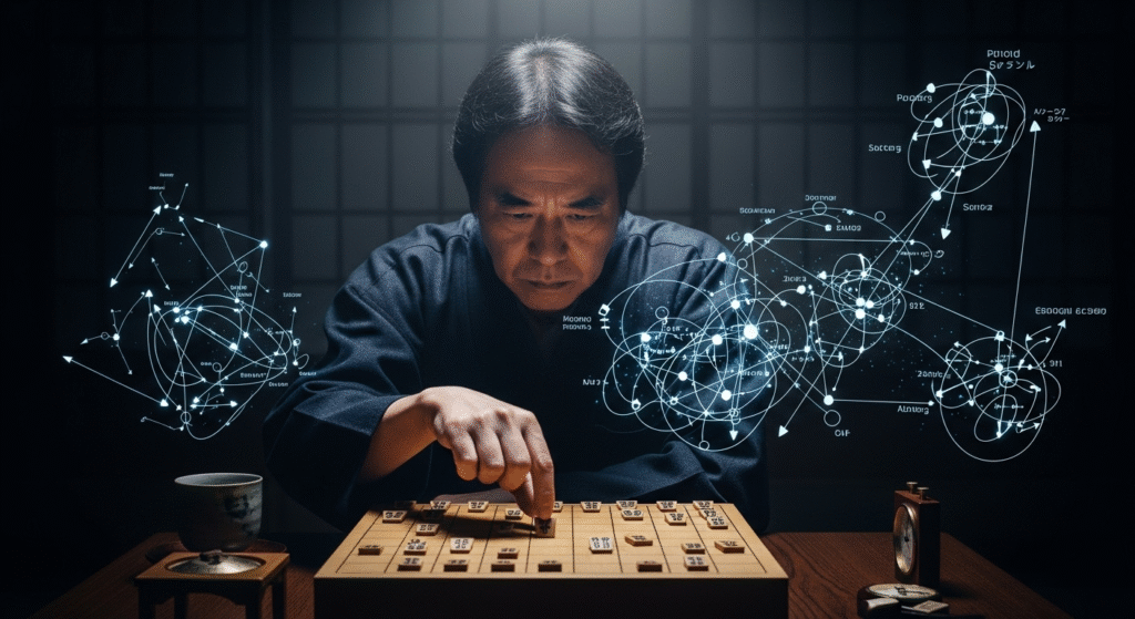 将棋盤に向かい駒を動かす男性の周囲に、複雑な思考を示すかのように、青白いデジタルな戦略図が浮かび上がっている。