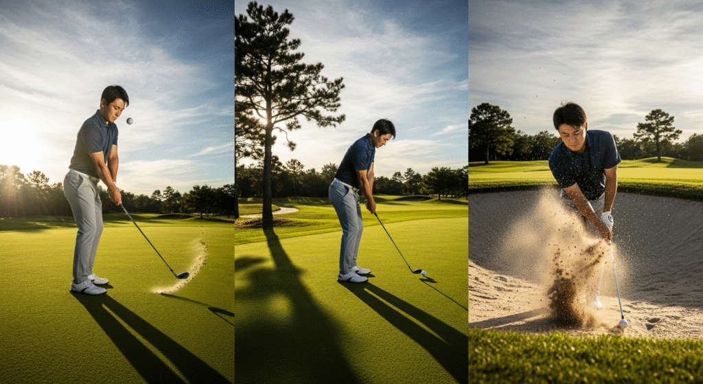 ゴルフコースで、ボールを打つ瞬間、構え、バンカーショットをする男性ゴルファーの3つの異なるシーンを並べた画像。
