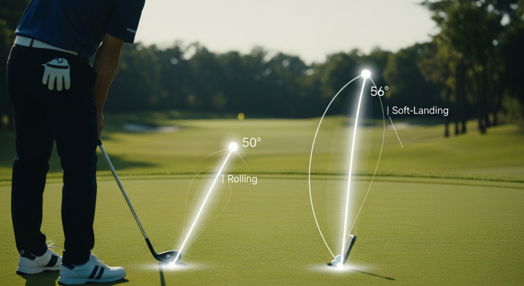 ゴルフ場で、ゴルファーを背景に、50度の「Rolling」ショットと56度の「Soft-Landing」ショットという2種類のゴルフの弾道がグラフィックで比較されています。