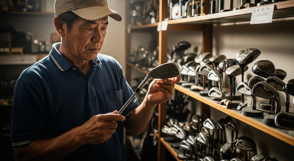 ゴルフ用品店で、キャップをかぶったアジア人男性がゴルフクラブを手に取って見つめている。