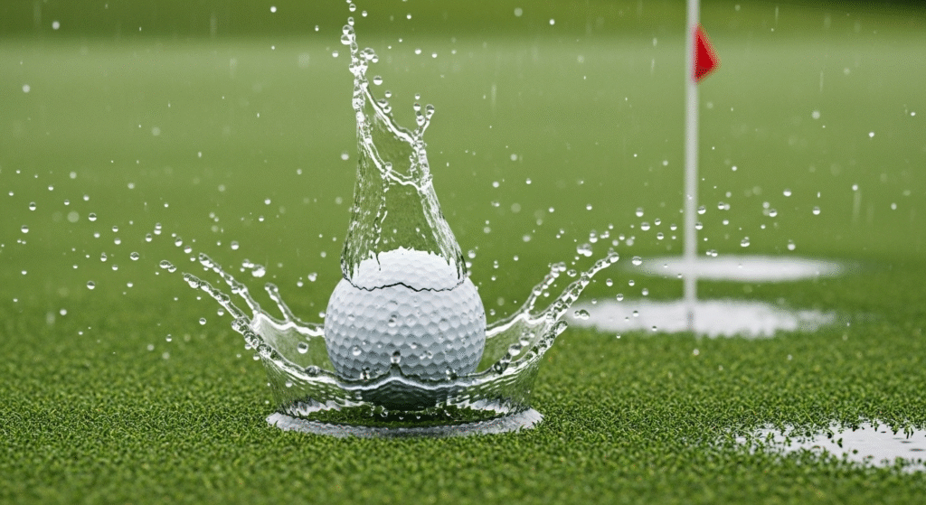 雨が降るゴルフコースのカップに入ったゴルフボールが、水しぶきをダイナミックに上げている様子。