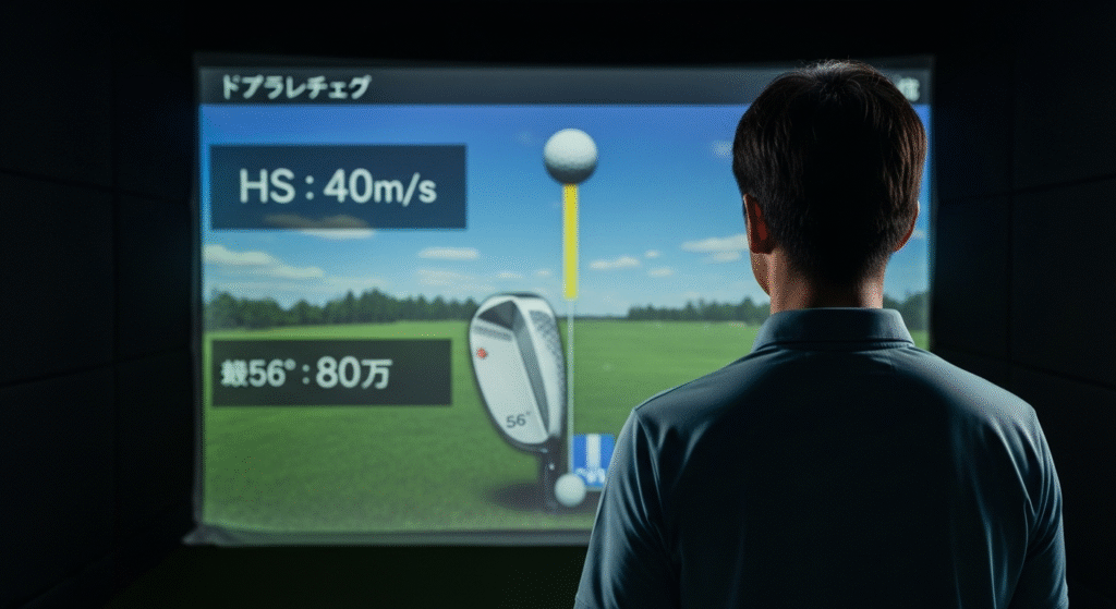 ゴルフシミュレーターの画面に表示されたヘッドスピード40m/sなどの測定値とゴルフコースを見つめる男性の後ろ姿。