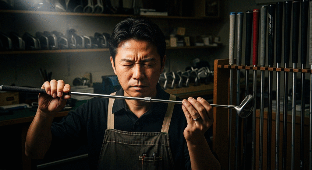 目を閉じ、エプロンを着用した職人が、ゴルフクラブのシャフトを両手で丁寧に確認している様子。