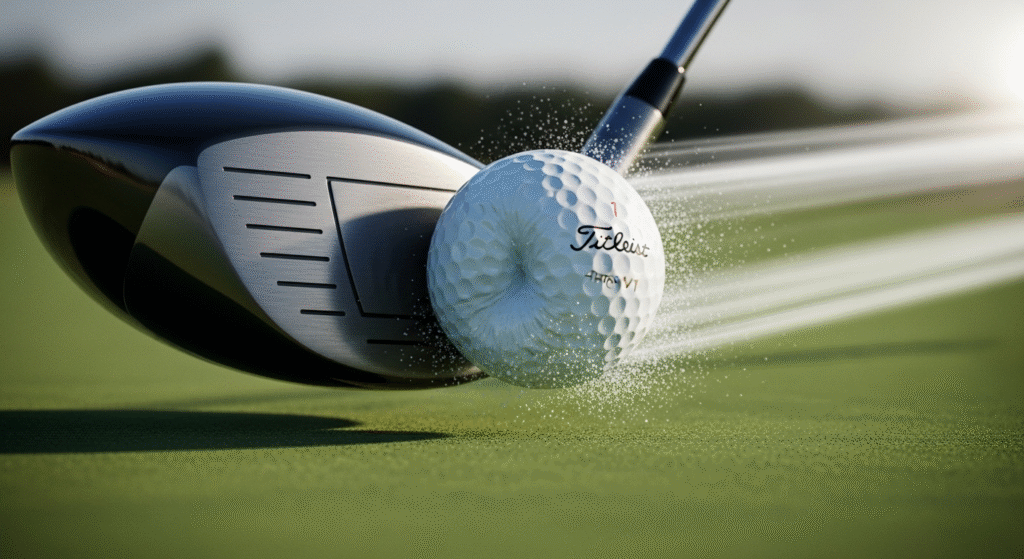 ドライバーで打たれたTitleistのゴルフボールが白い粒子を散らし、スピードの軌跡を残して飛び出す瞬間のクローズアップ写真。