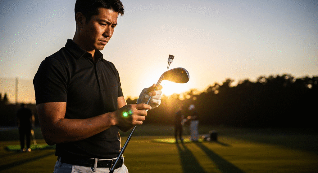 夕焼けのゴルフ場で、若い男性が白いゴルフグローブをはめ、センサーらしきものが付いたゴルフクラブを真剣な表情で見つめています。