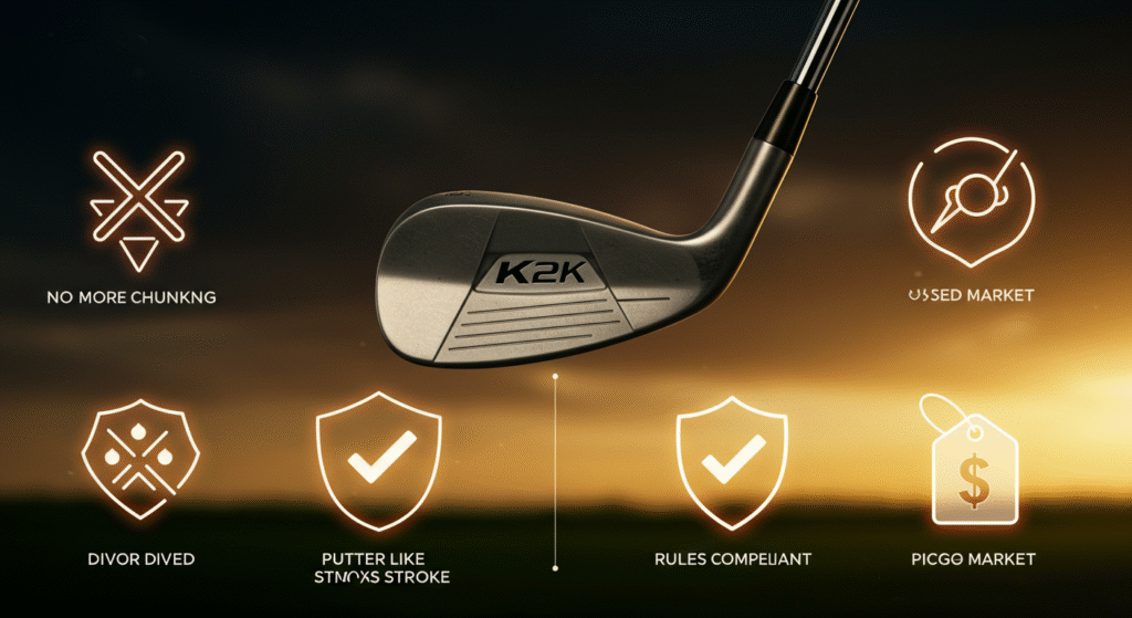 K2Kと刻印されたゴルフクラブの周囲に、「NO MORE CHUNKNG」「USSED MARKET」「DIVOR DIVED」「PUTTER LIKE STNOXS STROKE」「RULES COMPELANT」「PICGO MARKET」と書かれた6つのアイコンと説明文が配置された製品紹介画像。