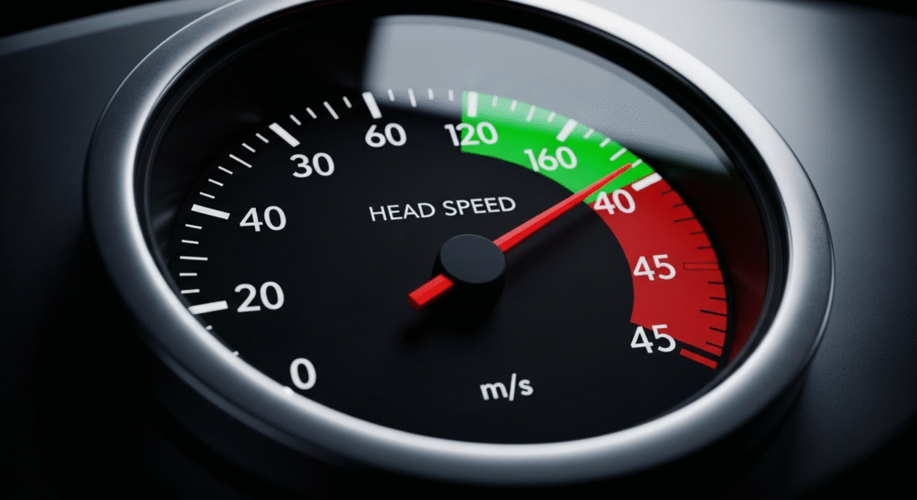 「HEAD SPEED」と書かれたメーターが、単位m/sで赤い危険域の40を指している。