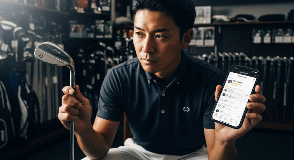 ゴルフショップで、男性がゴルフクラブとレビューアプリが表示されたスマートフォンを手に持ち、商品を比較検討しています。