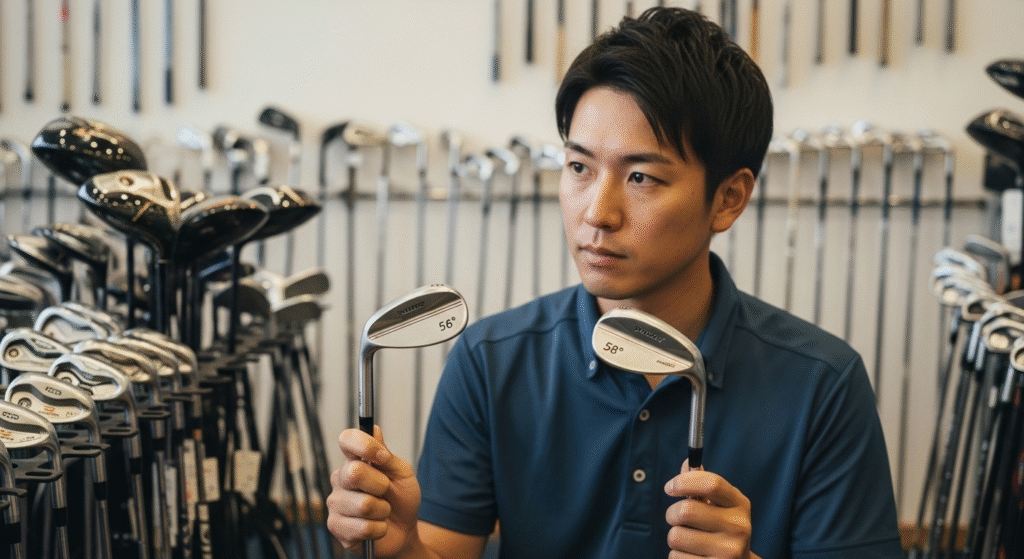 ゴルフクラブが並ぶ店内で、男性が両手に持った56度と58度のゴルフウェッジを見比べいている。