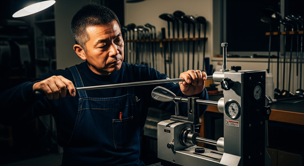 ゴルフクラブを調整する専門の機械で作業しているアジア人男性の姿。