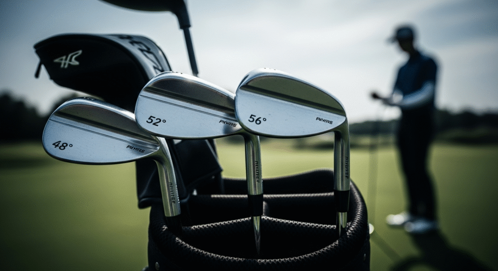 手前のゴルフバッグに48度、52度、56度のロフト角が刻まれた3本のウェッジが並び、その奥のゴルフコースにはぼやけたゴルファーが立っている。