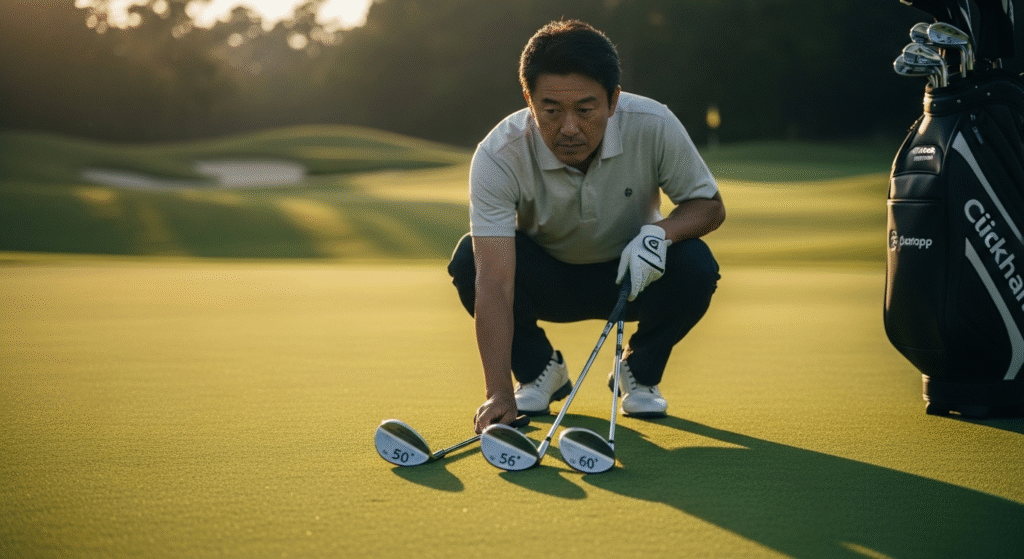 ゴルフコースのグリーンで、男性がしゃがみ込み、手前に複数のゴルフクラブが並べられ、傍らにはゴルフバッグがあります。
