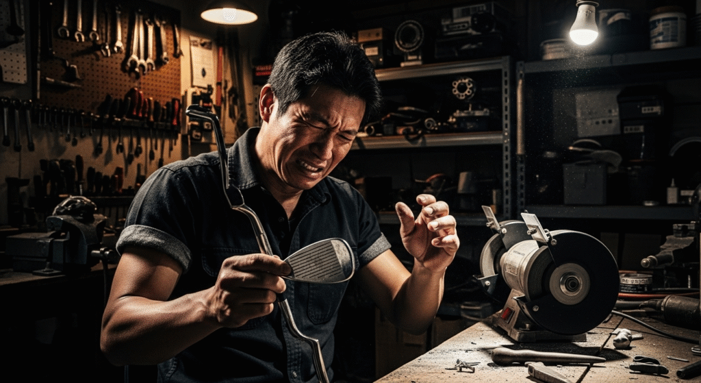 作業場で、壊れたゴルフクラブを手に持ち、苦悶の表情を浮かべる男性。