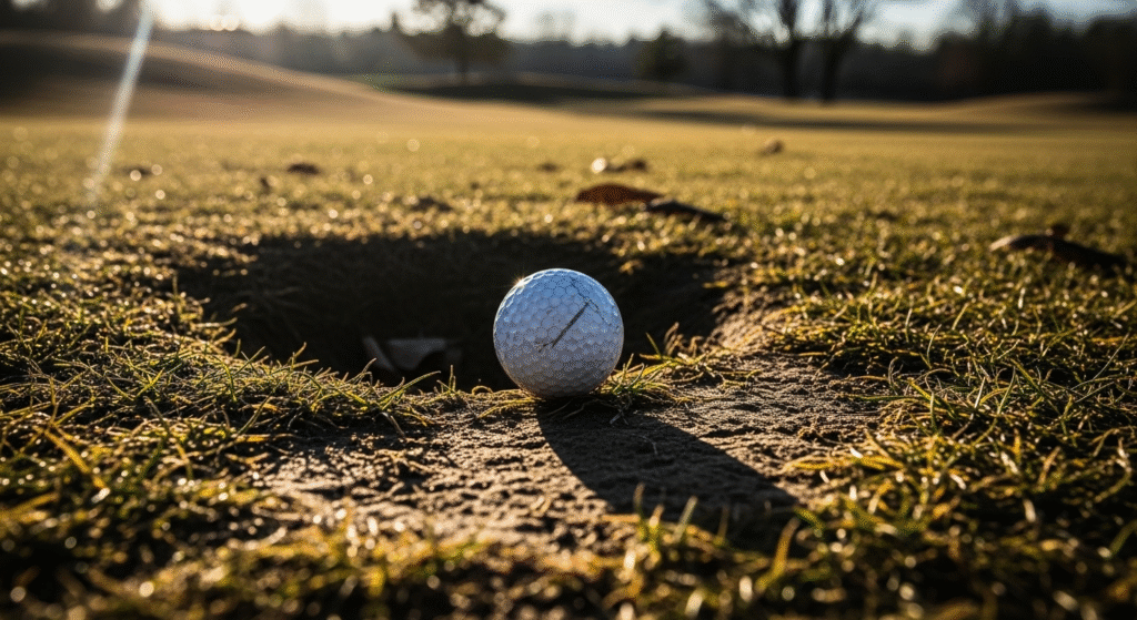 日差しが差し込むゴルフコースのグリーンで、カップの縁に止まっているゴルフボール。