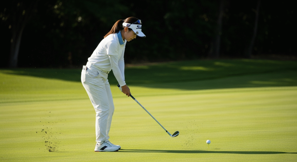 白いウェアを着た女性ゴルファーが、緑のゴルフコースでゴルフクラブをスイングし、芝生が飛び散るインパクトの瞬間。