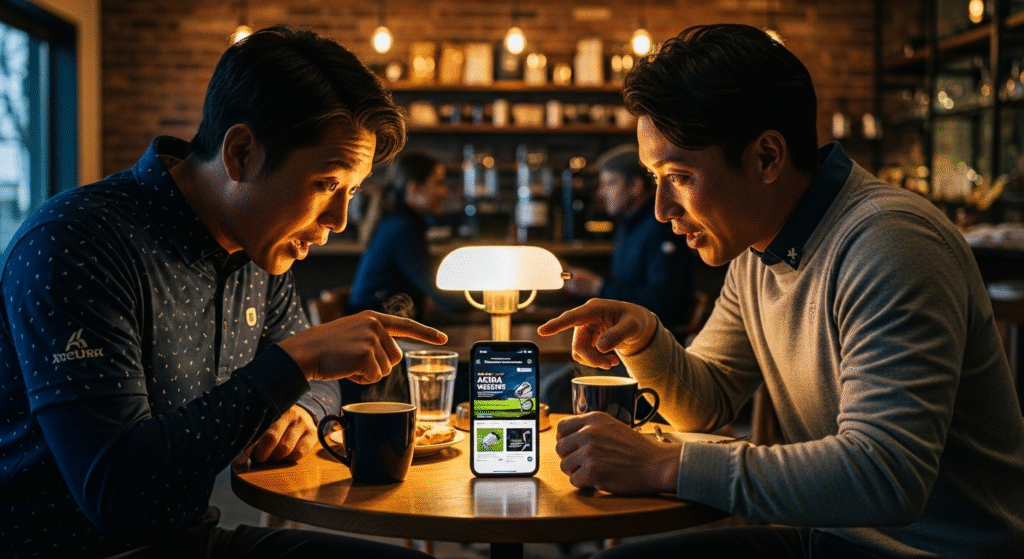 カフェのテーブルで向かい合った2人の男性が、スマートフォンに表示されたゴルフ用品を見ながら、互いに画面を指差しています。