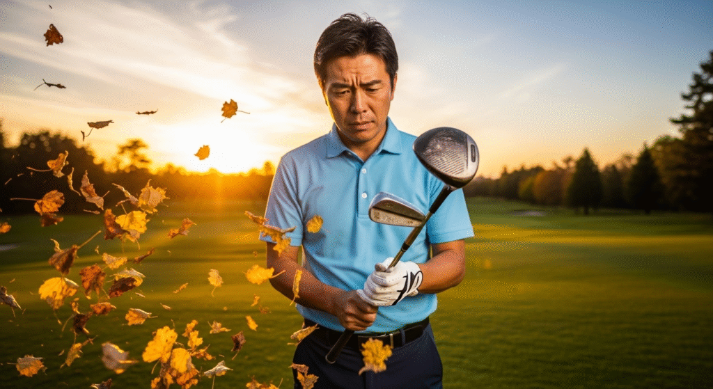 夕焼けに染まるゴルフコースで、舞い散る紅葉の中でゴルフクラブを手に、困惑した表情を見せる男性ゴルファー。