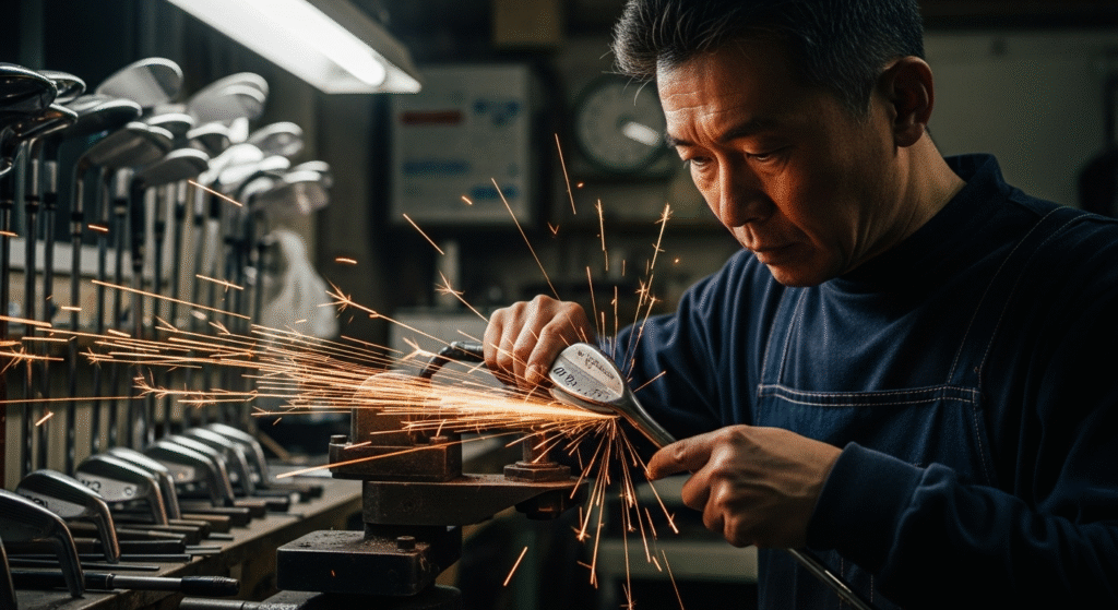 工房でゴルフクラブを研磨する職人の男性が、多くの鮮やかな火花を飛び散らせながら作業している様子。