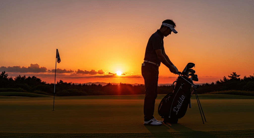 美しい夕焼けを背景に、ゴルフ場でクラブを構える男性ゴルファーのシルエット。