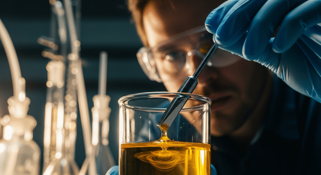 保護メガネと青い手袋を着用した研究者が、ビーカーに入った黄色い液体に器具を浸し、滴り落ちる液体が波紋を作る様子を注視している。