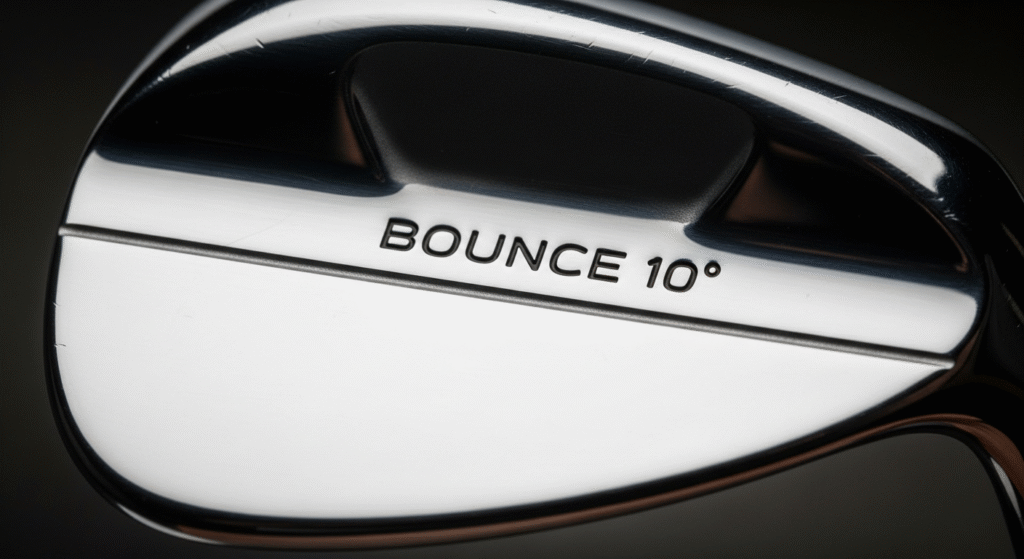 「BOUNCE 10°」と黒字で刻印された、光沢のあるゴルフクラブヘッドのソール部分の接写。