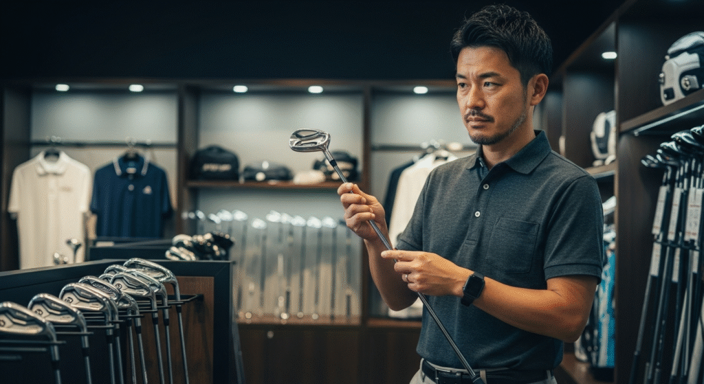 ゴルフショップで、男性がゴルフクラブを手に取り吟味している。