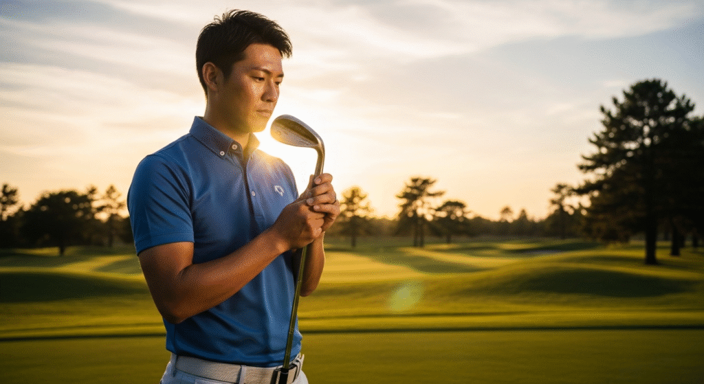 夕焼けに照らされたゴルフコースで、青いポロシャツを着た男性がゴルフクラブをじっと見つめている。