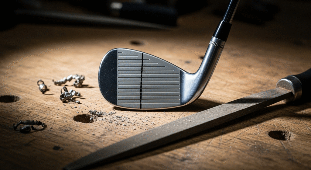 木の作業台の上に、金属やすりや削りくずと共に置かれたゴルフクラブが写る、ゴルフ用品のカスタマイズ風景です。