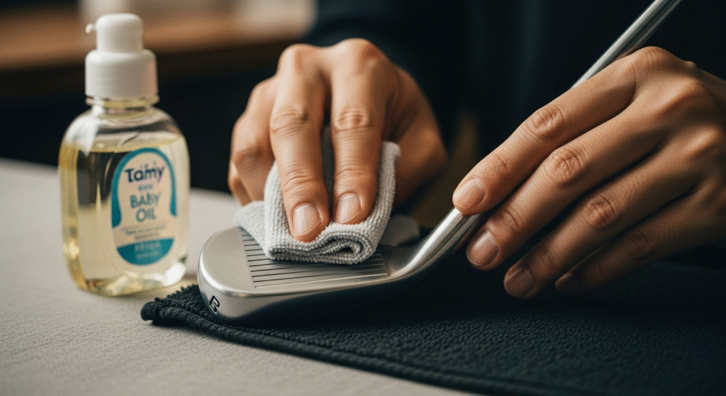 人がベビーオイルと布を使ってゴルフのクラブヘッドを拭いています。