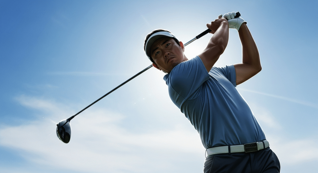 逆光の青空を背景に、ゴルフクラブを振り上げる男性ゴルファーのローアングルショット。