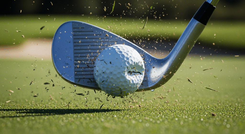 ゴルフクラブがゴルフボールに当たり、芝生や土が勢いよく飛び散る瞬間を捉えた写真。