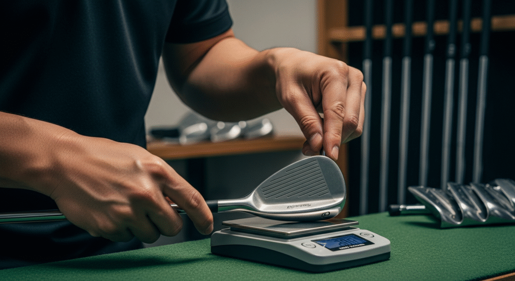緑色の作業台で、人物がゴルフクラブのヘッドをデジタルスケールで計量している。