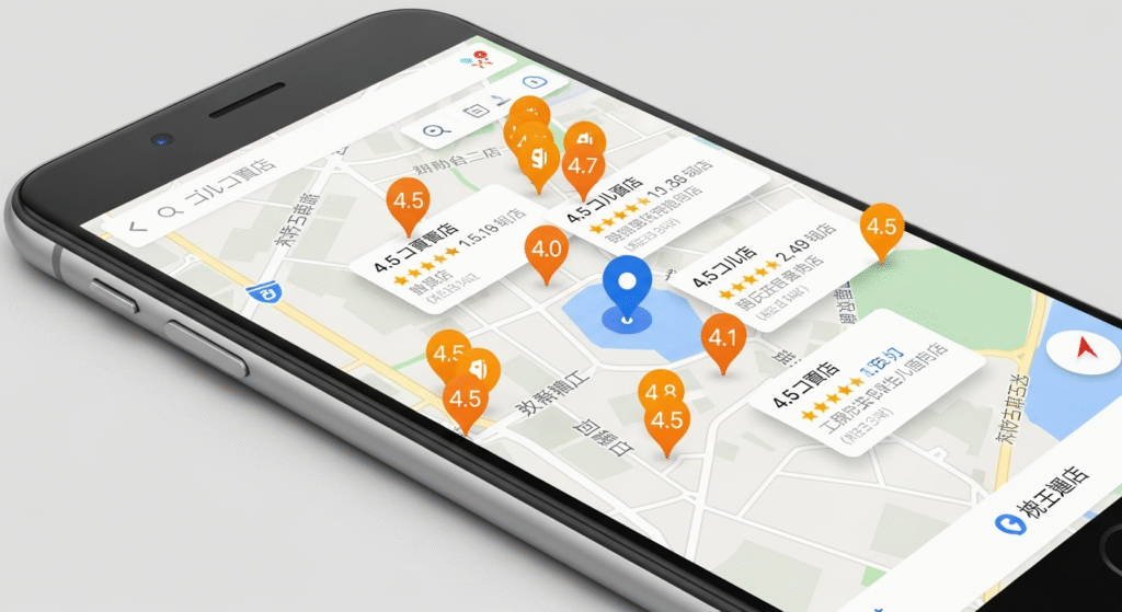 スマートフォンに、複数の店舗の位置と評価（星と数字）が表示された地図アプリの画面が映し出されています。