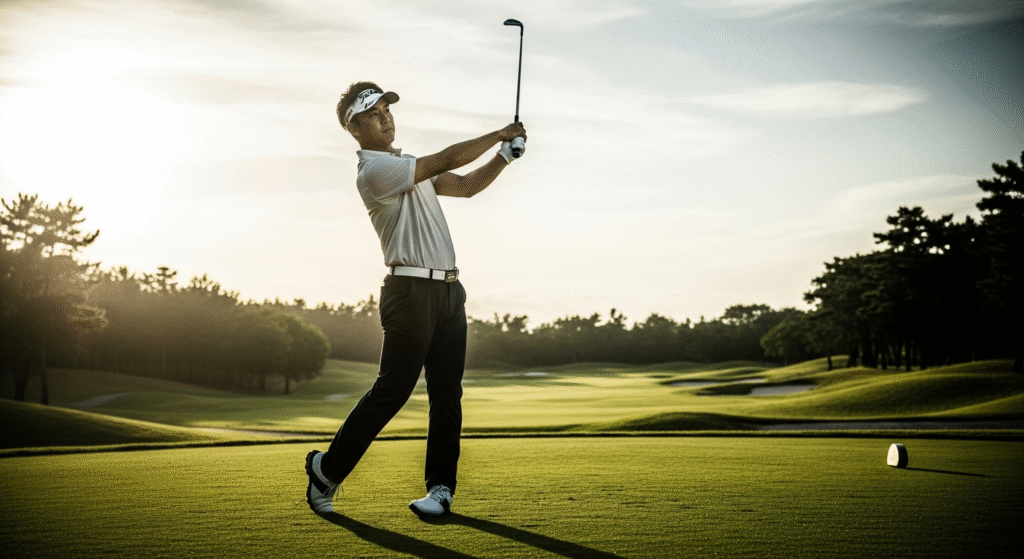 美しい夕日に照らされたゴルフコースで、ゴルフクラブを振り上げている男性ゴルファーの姿。