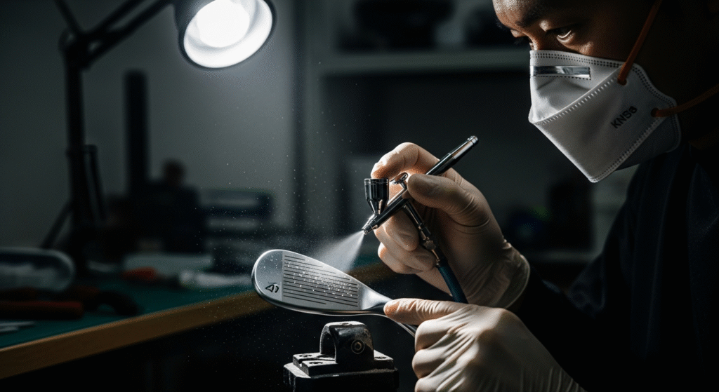 マスクと手袋を着用した人物が、エアブラシを使ってゴルフクラブのウェッジにスプレーを吹き付けている。