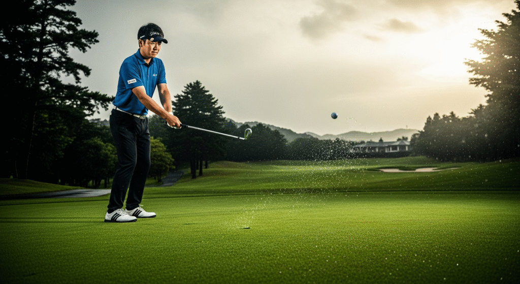 日差しが当たる緑のゴルフコースで、男性ゴルファーがショットを打ち、ボールと水しぶきが空中に舞い上がっている。