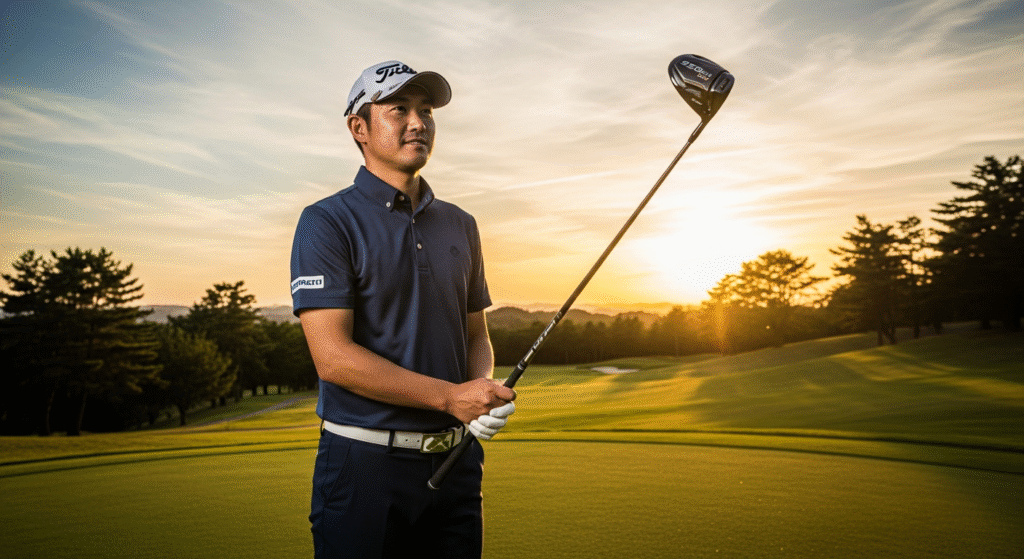 夕焼けのゴルフコースで、ドライバーを持った男性ゴルファーが遠くを見つめている。