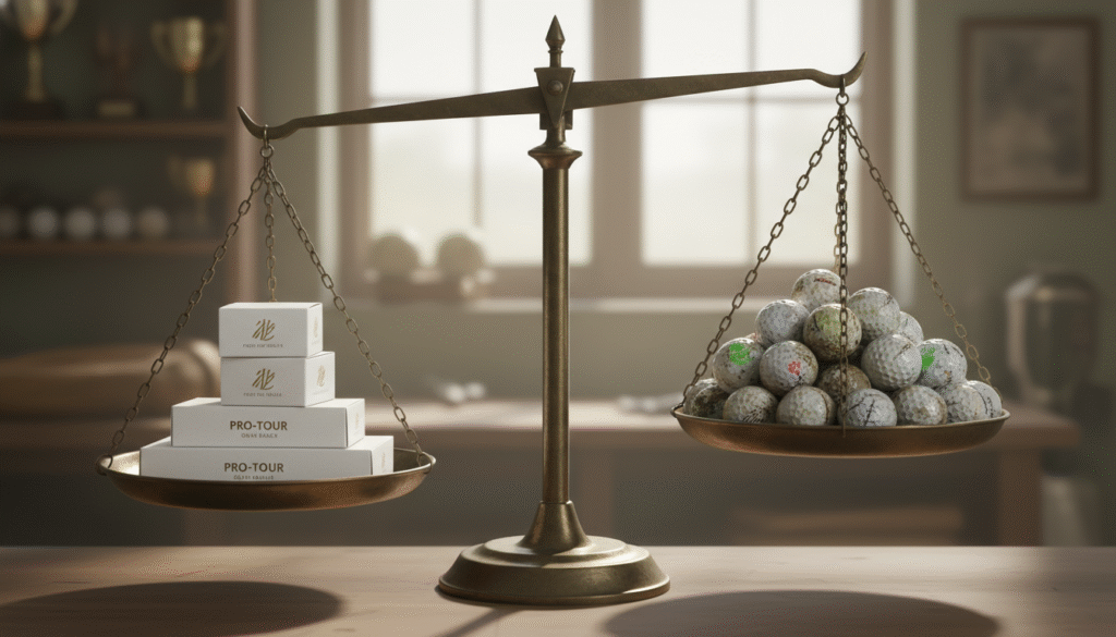 天秤の左皿には新品のゴルフボールの箱が積まれ、右皿には多数の使い古されたゴルフボールが山積みされており、右皿が大きく沈んでいる。